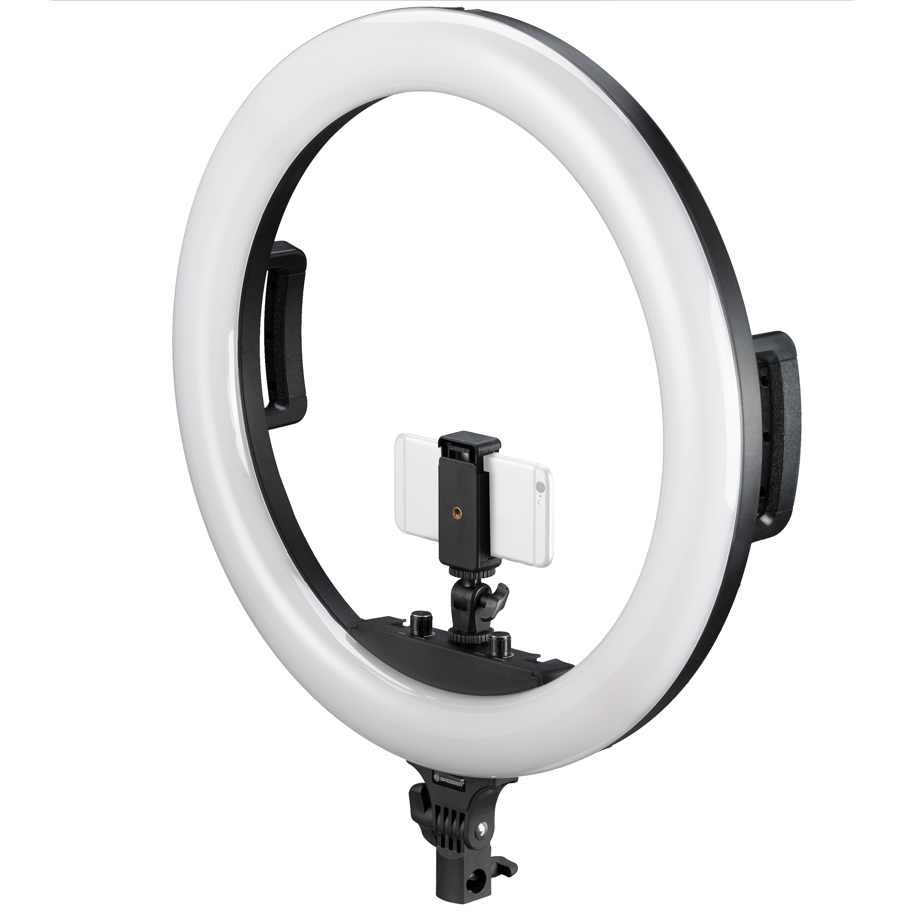 Lampada ad anello a LED STR-48B BRESSER Bi-Color 48W con regolazione della luminosità e supporto per telecamera e smartphone