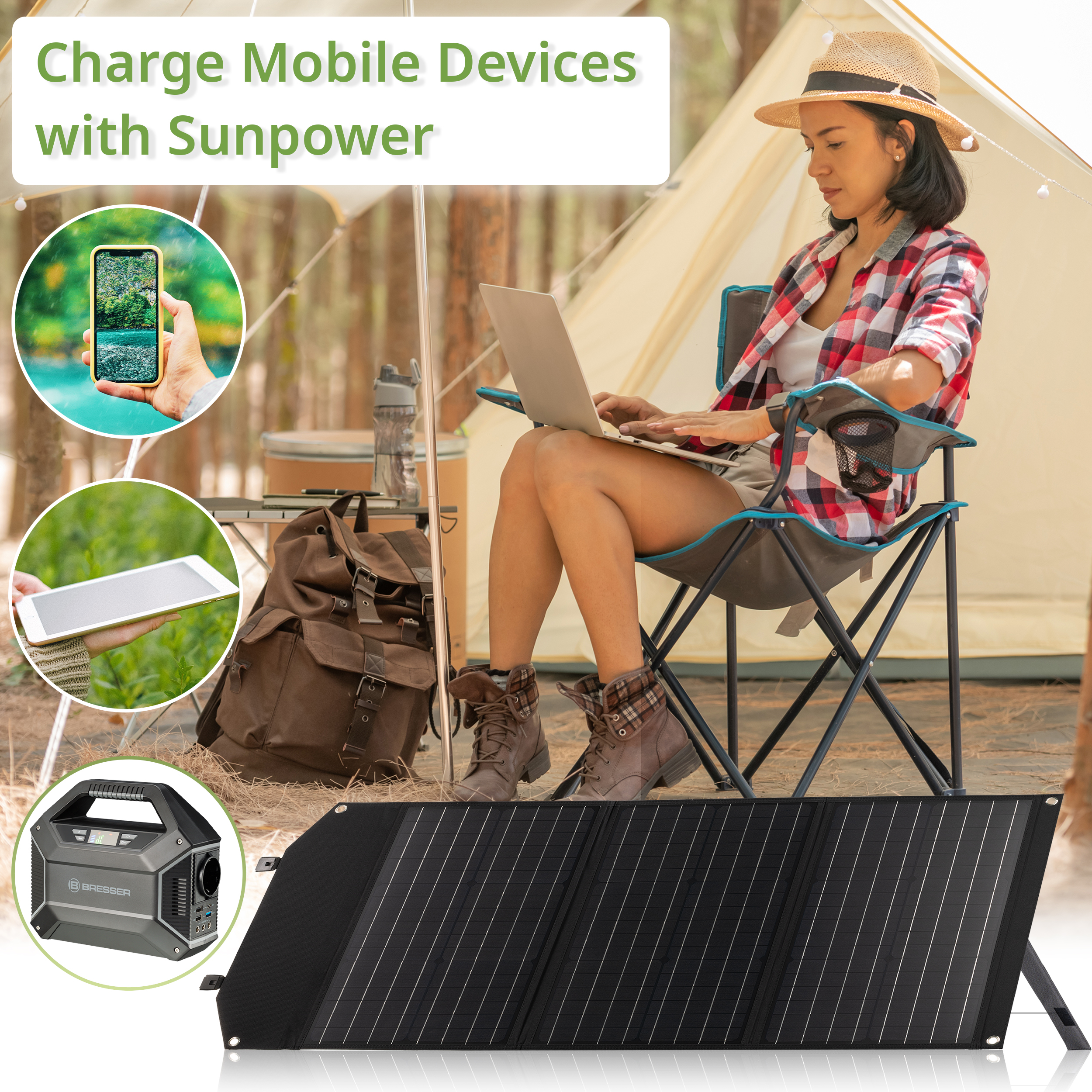 Caricabatterie solare portatile BRESSER 60 watt con alimentazione USB e CC