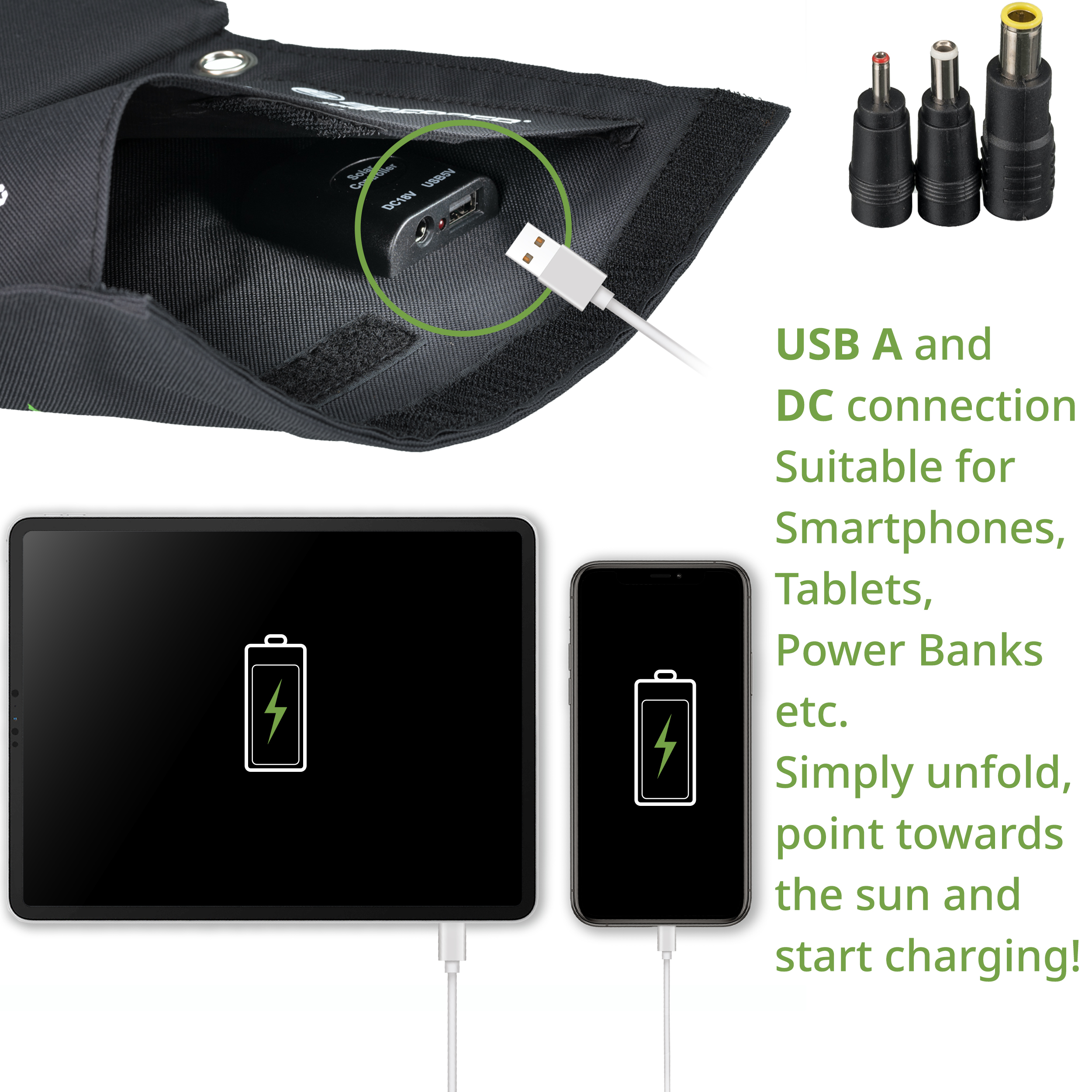 Caricabatterie solare portatile BRESSER 21 watt con alimentazione USB e CC
