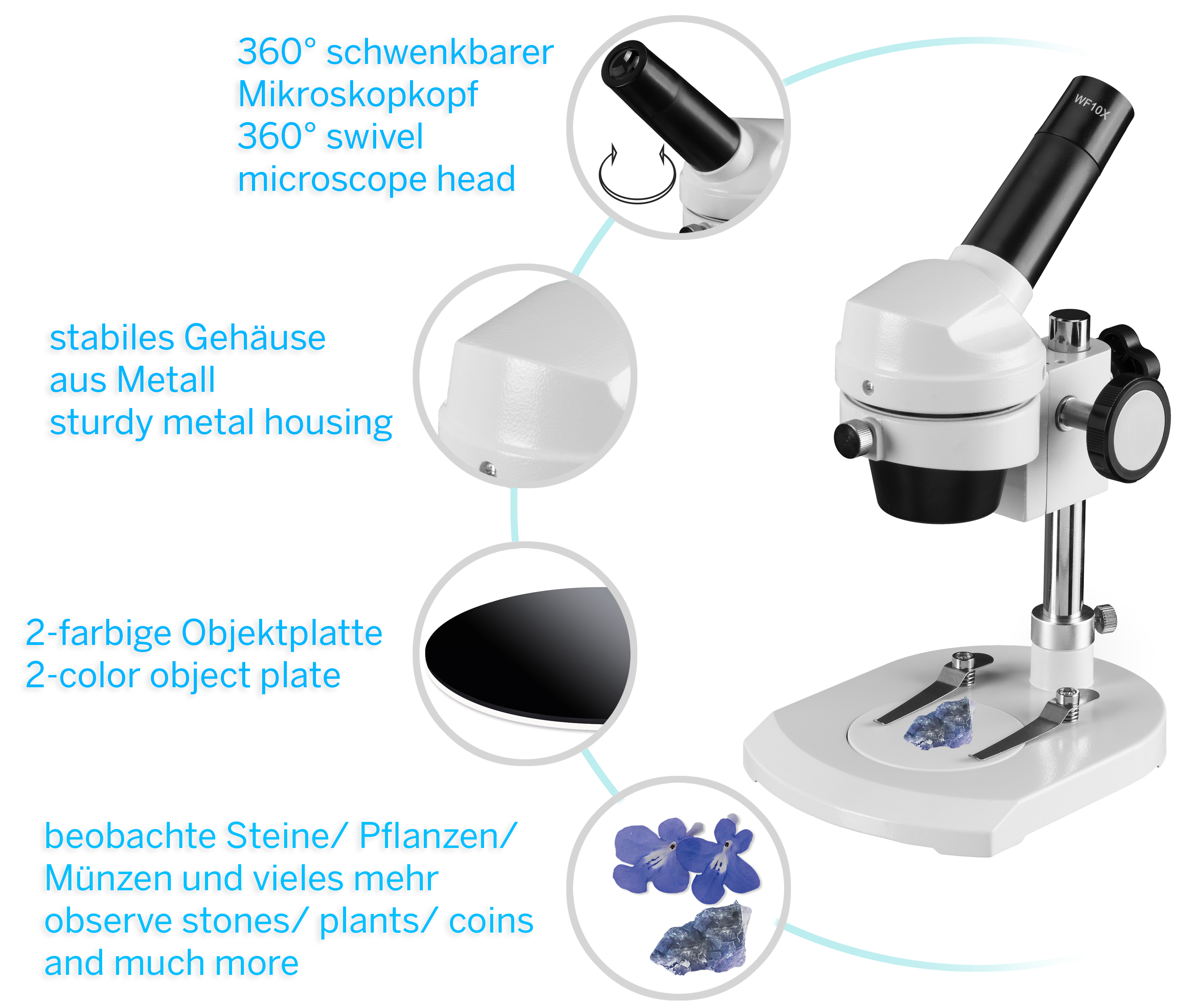 Microscopio a illuminazione incidente BRESSER JUNIOR con ingrandimento 20x e corpo stabile in metallo